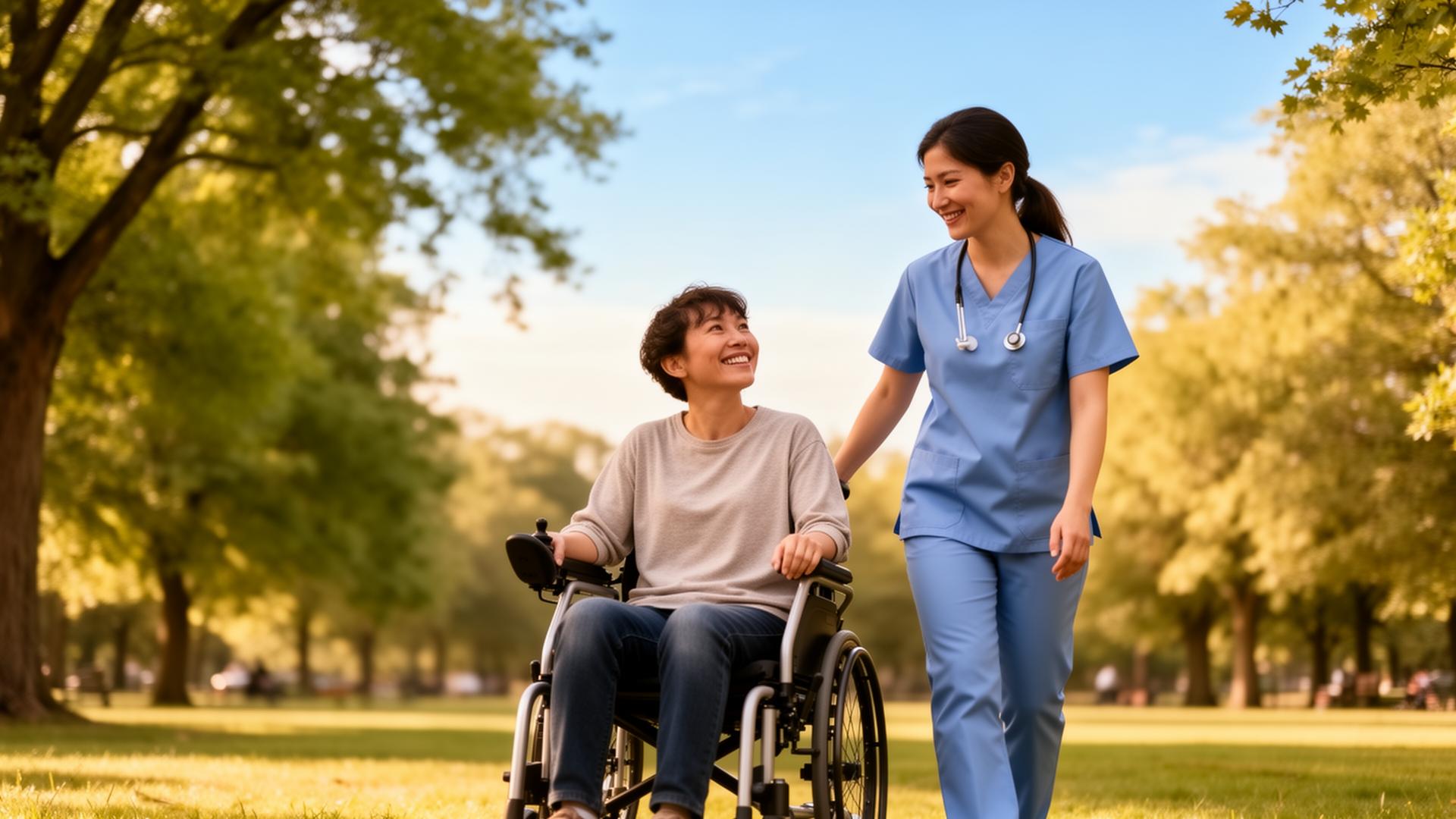 A smiling person in a wheelchair walking through a sunlit park with their support worker